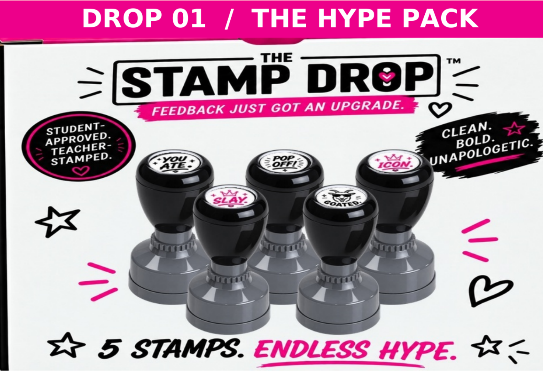 Final Drop 01 Hype Pack retail box artwork with five HA30 flash stamps arranged three in back and two in front
